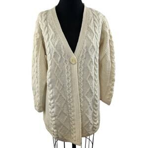 VINTAGE Aran Crafts Cream Irish 100% Merino Wool Cable Kni Cardigan Sweater L